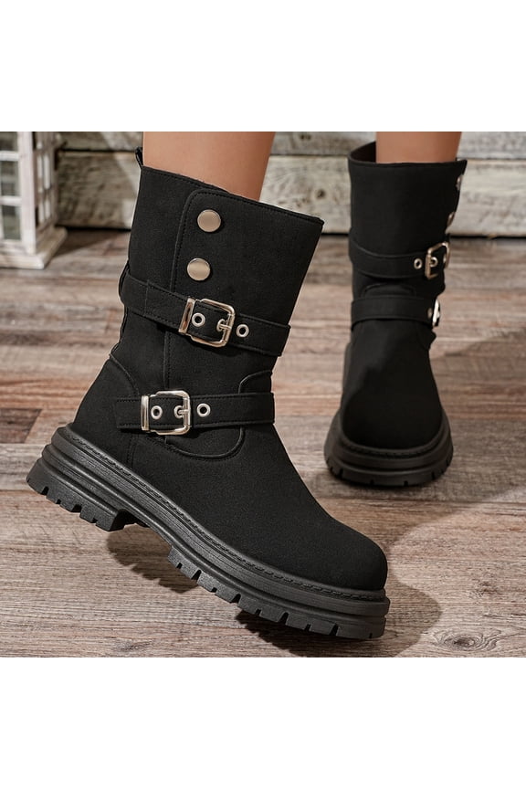 Women's Ankle Boots Winter Casual Short Shaft Chunky Low Heel - Round Toe Solid Color Buckle Detail Lace-Up Shoes for Everyday Wear