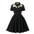thumbnail image 1 of Roncen Women's Audrey Hepburn Style Dress - Short Sleeve Lace Trim Swing Dress with Notch Collar & Mid-Calf Length, 1 of 7