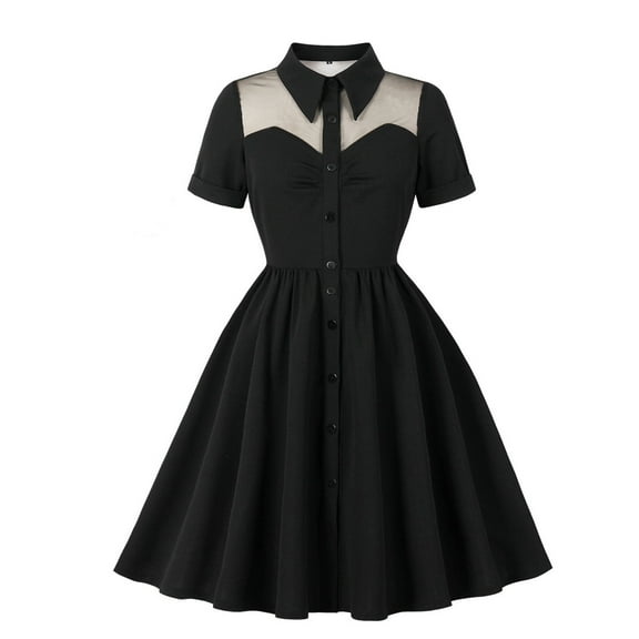 Roncen Women's Audrey Hepburn Style Dress - Short Sleeve Lace Trim Swing Dress with Notch Collar & Mid-Calf Length