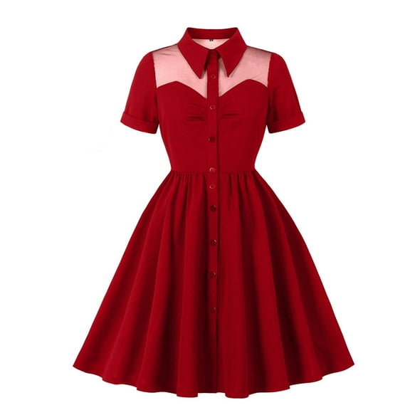 Roncen Women's Audrey Hepburn Style Dress - Short Sleeve Lace Trim Swing Dress with Notch Collar & Mid-Calf Length