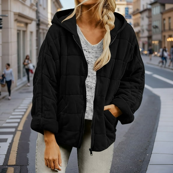 Roncen Women's Autumn Winter Hooded Cotton Jacket - Long Sleeve Solid Color Coat with Pockets - Outerwear Zip Up Lightweight Parka Style Jacket for Casual Wear