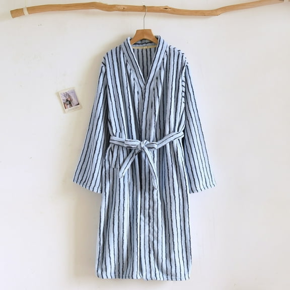 Roncen Women's Autumn Winter Robe - Soft Striped V-Neck Long Sleeve Cardigan - Button-Up Front with Pockets - Cozy Loungewear Sleepwear Home Bathrobe
