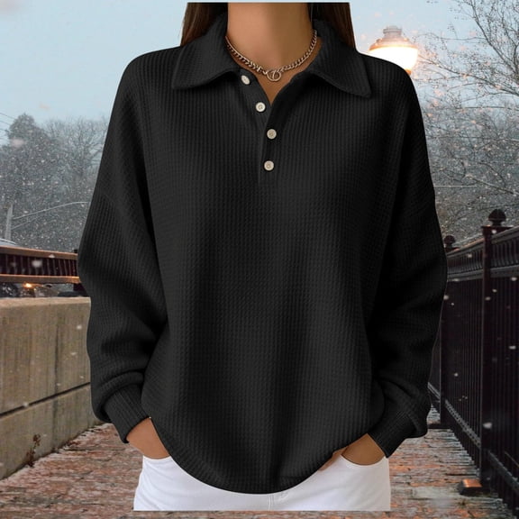 Roncen Women's Autumn Winter Solid Tops - Long Sleeve Lapel Waffle Knit Loose Comfortable Pullover Casual Top