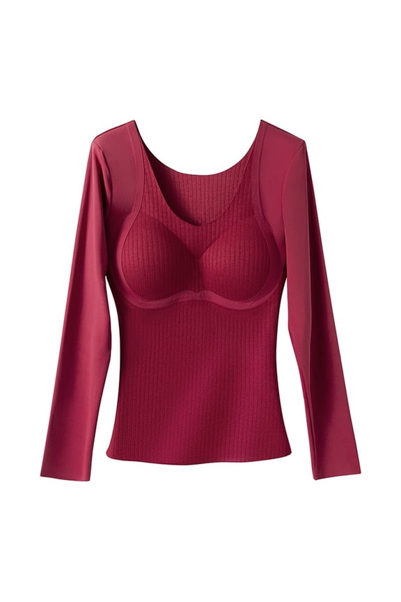 Women's Autumn Winter Thermal Underwear Top - High-Stretch Fleece Lined Lifting Warmth with Built-in Padded Bra - Long Sleeve Base Layer for Layering in Cold Weather