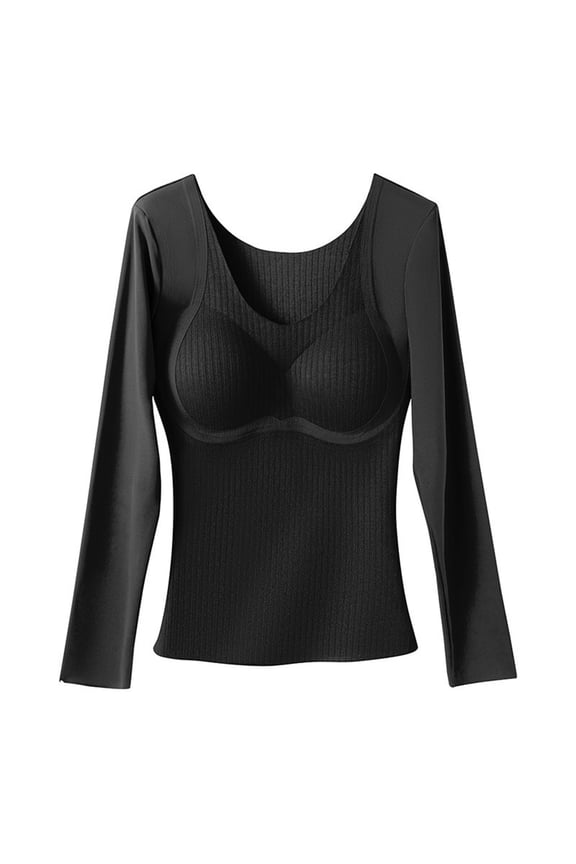 Women's Autumn Winter Thermal Underwear Top - High-Stretch Fleece Lined Lifting Warmth with Built-in Padded Bra - Long Sleeve Base Layer for Layering in Cold Weather