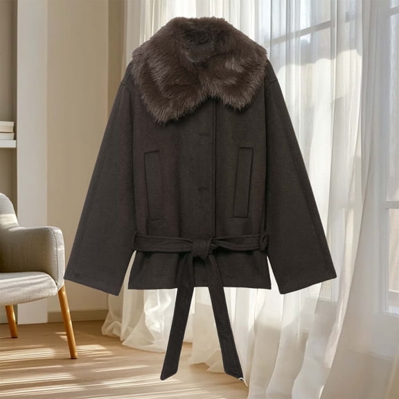 Roncen Women's Autumn Winter Wool Blend Faux Fur Collar Coat - Warm Elegant Outerwear for Casual and Office Wear