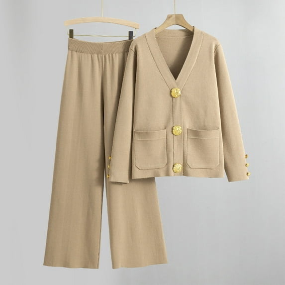 Roncen Women's Autumn and Winter Knit Open Cardigan and Wide Leg Pants Two-Piece Set