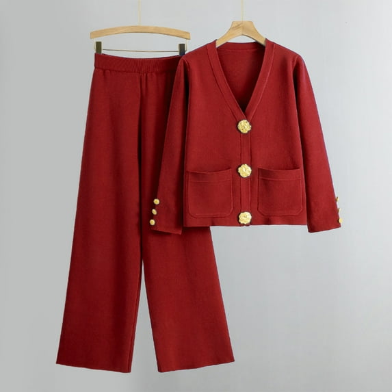 Roncen Women's Autumn and Winter Knit Open Cardigan and Wide Leg Pants Two-Piece Set