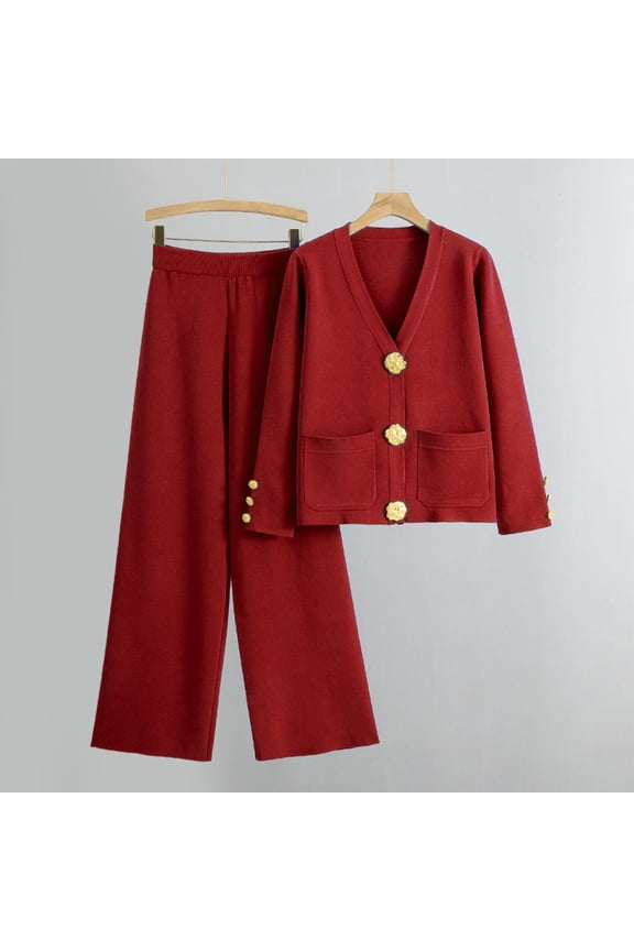Women's Autumn and Winter Knit Open Cardigan and Wide Leg Pants Two-Piece Set