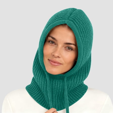 Roncen Women's Balaclava, Ribbed Knit Winter Hat with High Collar & Drawstring Hood, Wind-Resistant & Warm