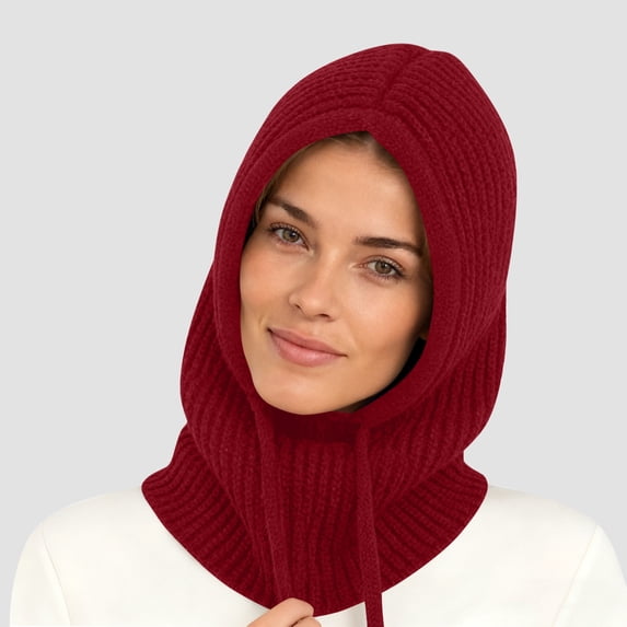 Roncen Women's Balaclava, Ribbed Knit Winter Hat with High Collar & Drawstring Hood, Wind-Resistant & Warm