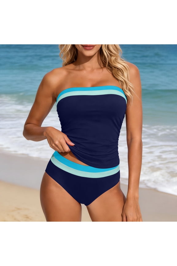 Women's Bandeau Swimsuits Strapless Tummy Control Color Block Tankini Sets