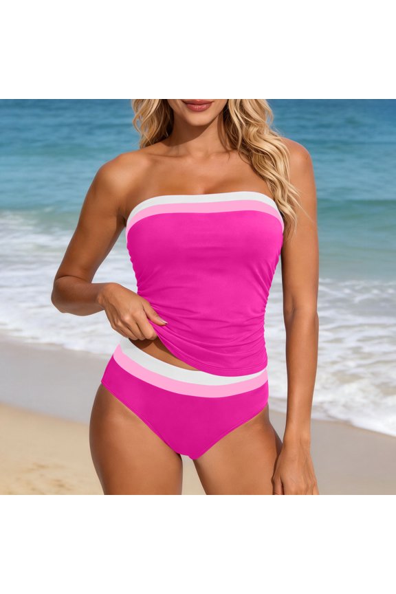 Women's Bandeau Swimsuits Strapless Tummy Control Color Block Tankini Sets
