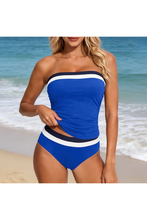 Women's Bandeau Swimsuits Strapless Tummy Control Color Block Tankini Sets