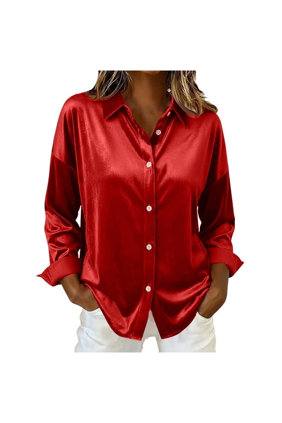 Women's Blouse Satin Silk Shirts Button Down Shirts Casual Loose Long Sleeve Office Work Tunic Tops