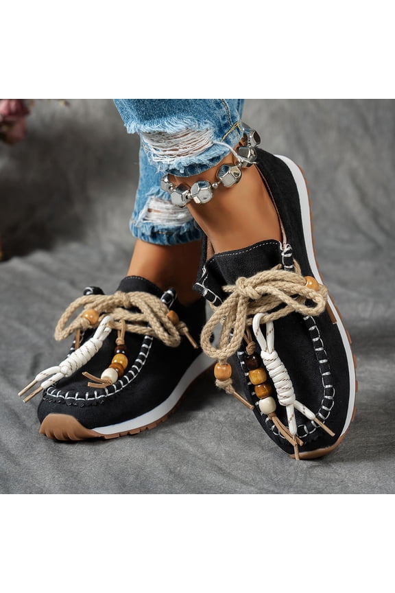 Women's Bohemian Wedges - Casual Chunky Platform Shoes with Knot and Bead Details, Trendy Multi-color Slip-on Flats for Fall Winter Outfits