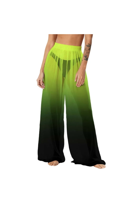 Women's Boho Beach Cover Up Pants, Watercolor Ombre Chiffon Wide Leg Palazzo Pants for Resort & Vacation