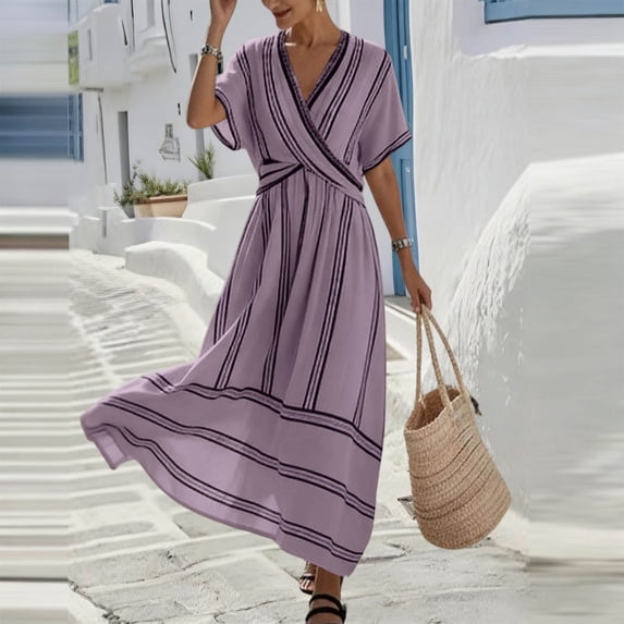 Roncen Women's Boho Casual Stripe Print Maxi Dress - Loose V-Neck Short Sleeve Pleated A-Line Beach Dress, Holiday Robe Style Dress
