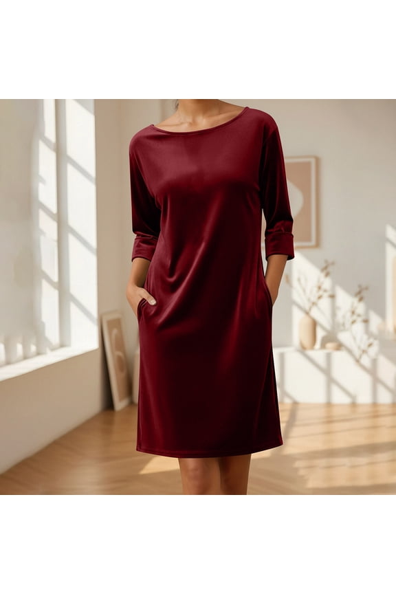 Women's Burgundy Velvet Dress Round Neck Three-Quarter Sleeve with Pockets, Soft Slouchy Relaxed Fit Mini Dress for Casual Weekend Outing Resort