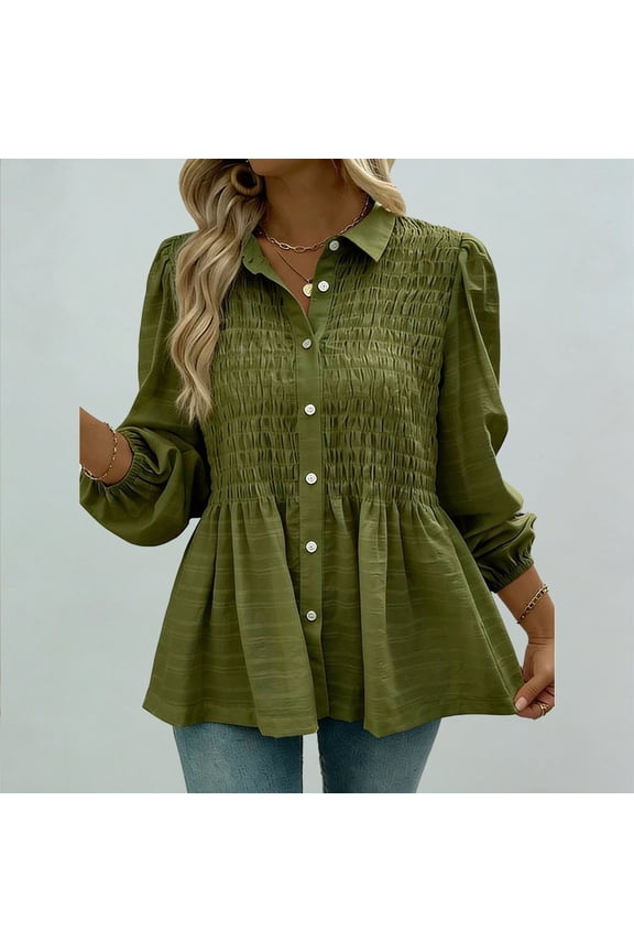 Women's Button Down Peplum Blouse Long Sleeve Collared Loose fit Shirts Textured Top