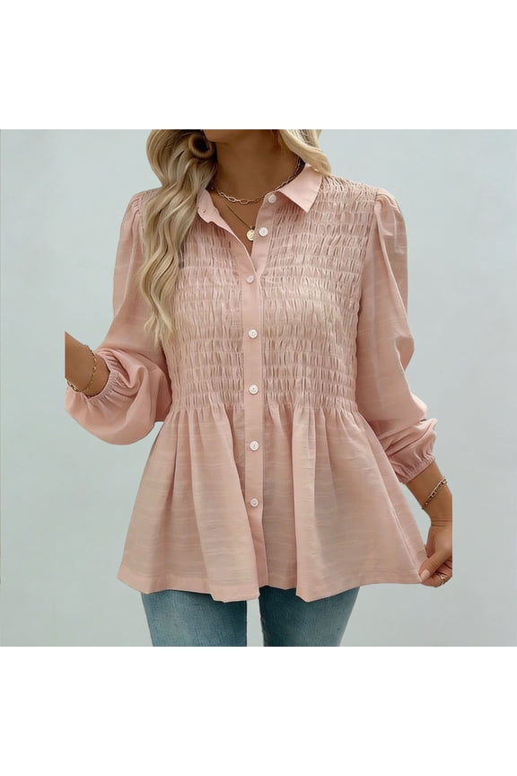 Women's Button Down Peplum Blouse Long Sleeve Collared Loose fit Shirts Textured Top