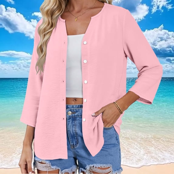 Roncen Women's Button Down T Shirts 3/4 Sleeve V Neck Tops Casual Summer Ladies Tees