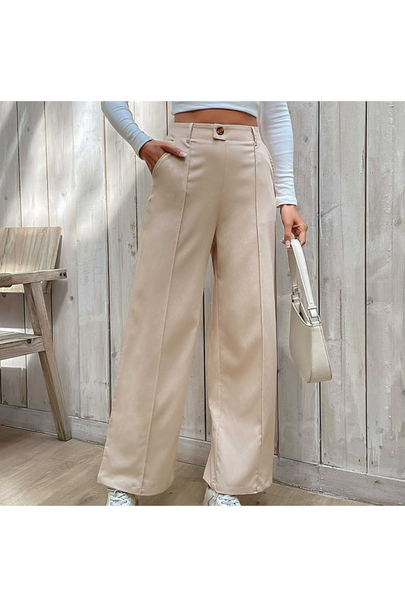 Women's Button-Fly Wide Leg Trousers - Straight Cut Office Pants, High Waist Comfort Fit Work Slacks for Business Casual