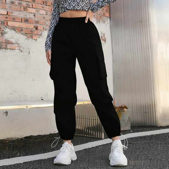 Roncen Women's Cargo Pants - Adjustable Elastic Waist Straight-Leg Trousers with Side Pockets & Drawstring Cuffs