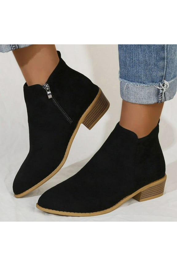 Women's Casual Ankle Boots with Side Zipper - Low Heel Slip On Versatile Shoes for Everyday Comfort
