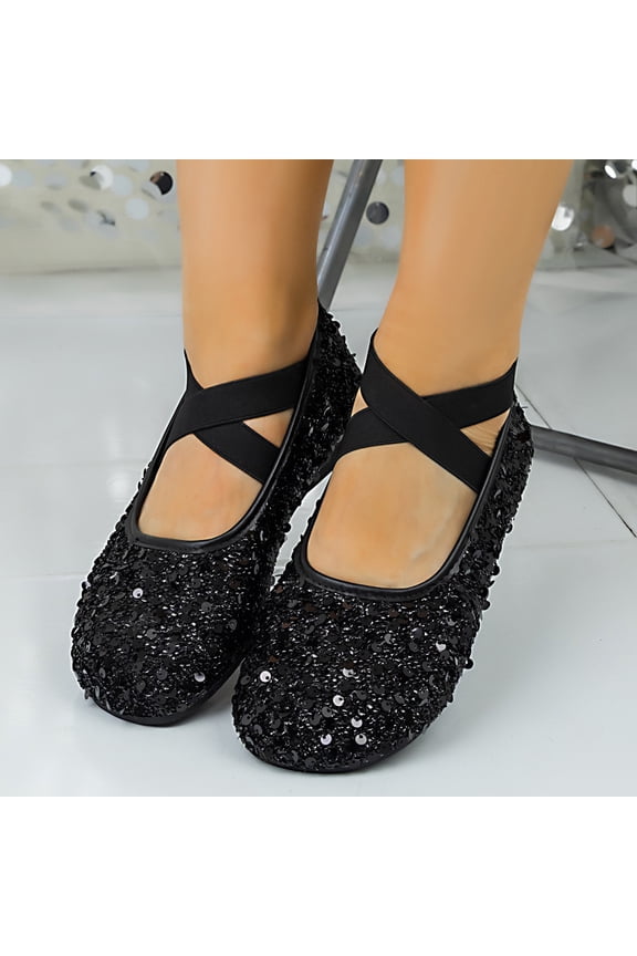 Women's Casual Ballet Flats - Round Toe Shallow Cut Wide Width Glitter Soft Sole Cross Strap Flat Shoes for Women, Fashion Versatile Slip on Elegant Dance Shoes