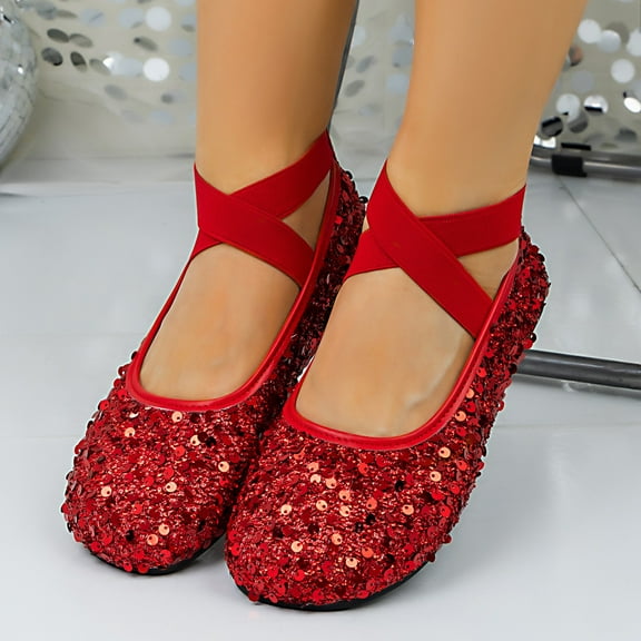 Roncen Women's Casual Ballet Flats - Round Toe Shallow Cut Wide Width Glitter Soft Sole Cross Strap Flat Shoes for Women, Fashion Versatile Slip on Elegant Dance Shoes