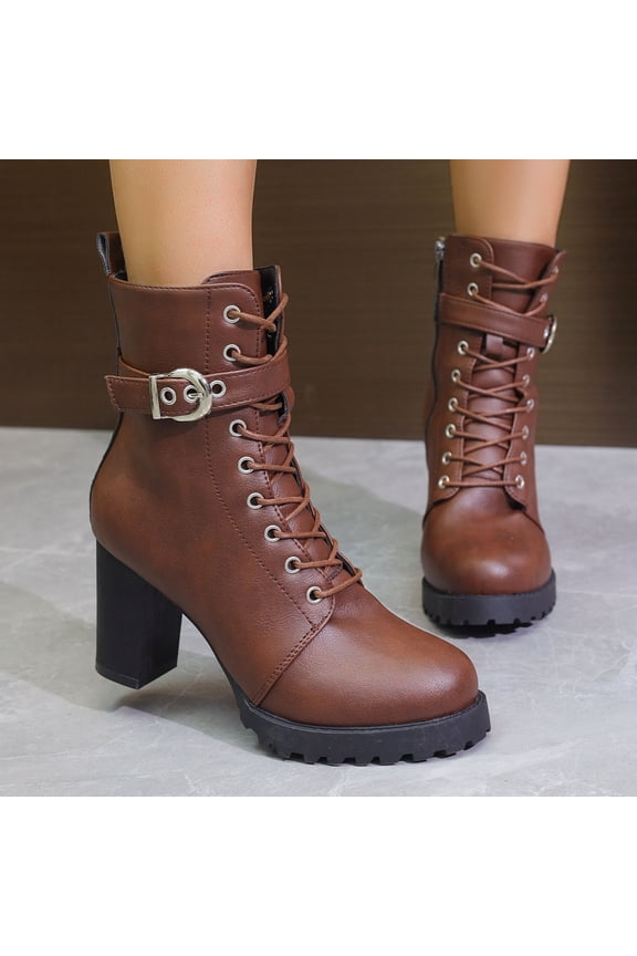 Women's Casual Belt Buckle High Heel Platform Shoes - Thick Heel Comfortable Ankle Boots with Wide Width for Autumn/Winter