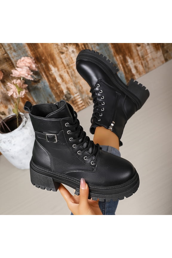 Women's Casual British Style Ankle Boots - Round Toe Lace-Up Chunky Heel Platform Shoes, Solid Color Mid-Calf Boots with Low Block Heel for Fashion Comfort