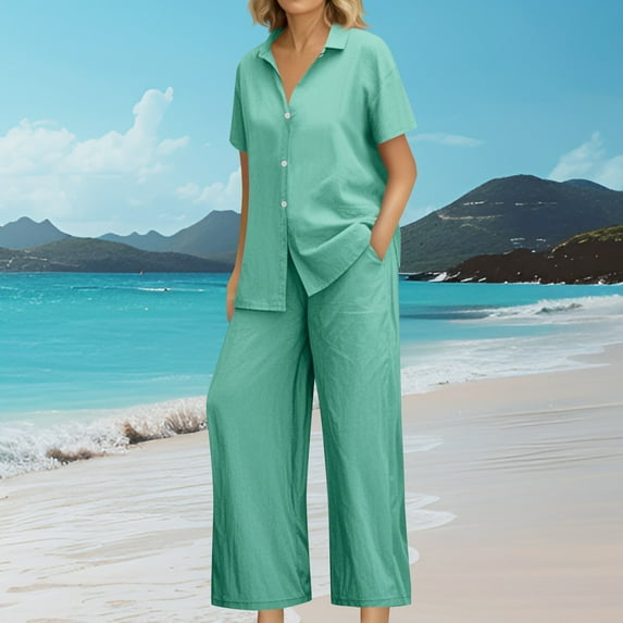Roncen Women's Casual Button-Down Shirt & Wide Leg Pants Set - Spring Summer Short Sleeve Solid Color Outfit with Pockets, Relaxed Fit Two-Piece Lounge Wear