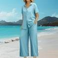 thumbnail image 1 of Roncen Women's Casual Button-Down Shirt & Wide Leg Pants Set - Spring Summer Short Sleeve Solid Color Outfit with Pockets, Relaxed Fit Two-Piece Lounge Wear, 1 of 8