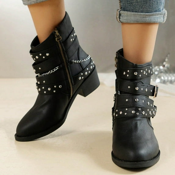 Roncen Women's Casual Chic Ankle Boots - Low Heel Mid-Calf Autumn Booties with Buckle & Chain Strap Design, Solid Color Comfortable Dress Shoes