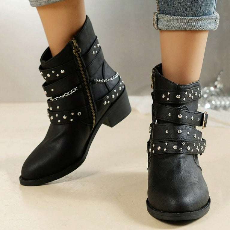 Roncen Women's Casual Chic Ankle Boots Low Heel Mid-Calf Autumn