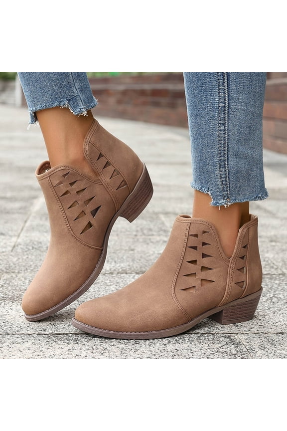 Women's Casual Cut-out Ankle Boots with Chunky Heel - Round Toe Low Cut Versatile Design for Vacation and Daily Wear