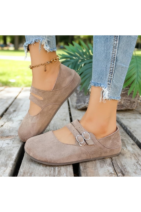 Women's Casual Fashion Slip-On Flats - Comfortable Round Toe Ballet Shoes with Two Buckles, Low Heel and Shallow Cut for Daily Wear
