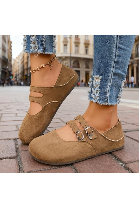 Women's Casual Fashion Slip-On Flats - Comfortable Round Toe Ballet Shoes with Two Buckles, Low Heel and Shallow Cut for Daily Wear