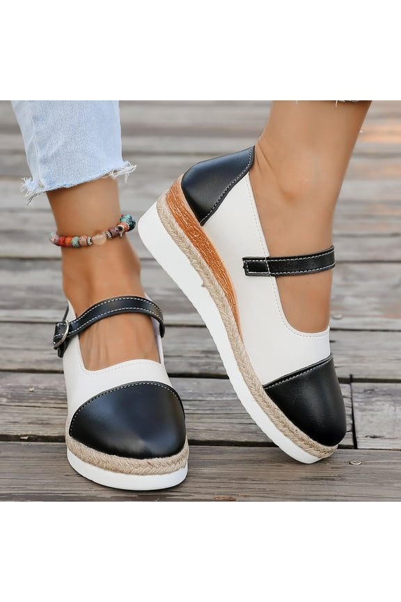 Women's Casual Fashion Slip-On Shoes - Round Toe Two-Tone Buckle Strap Jute Rope Platform Wedge Heel for Elevated Comfort and Stylish Outfits