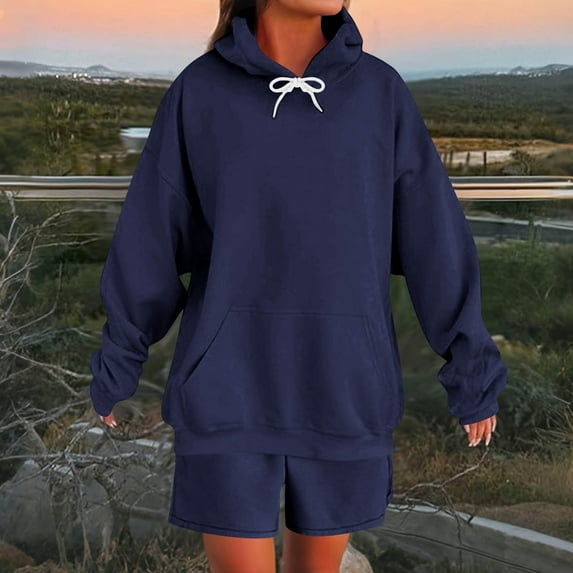 Roncen Women's Casual Hooded Sweatshirt & Drawstring Shorts 2-Piece Set - Loose Fit Long Sleeve Round Neck Solid Color with Pockets