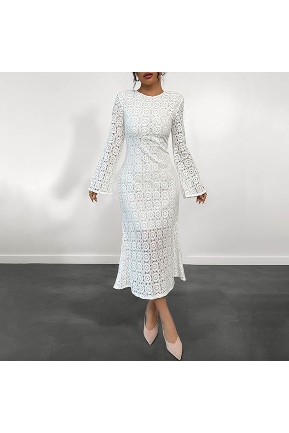 n Women's Casual Lace Dress - Long Sleeve Round Neck Evening Party Dress, Elegant Flowy Maxi Skirt for Daily Wear or Special Occasions