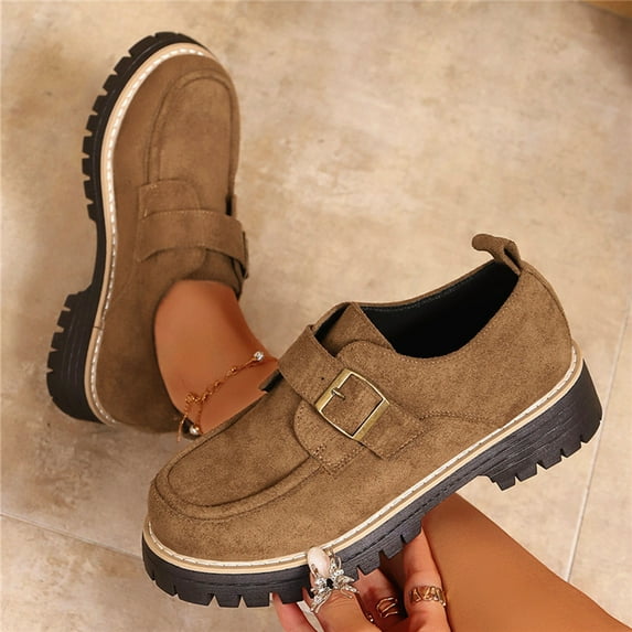 Roncen Women's Casual Loafers with Metallic Buckle - Chunky Round Toe Slip-On Shoes, Plush Suede & Comfortable Elevated Sole for Autumn/Winter Outfits