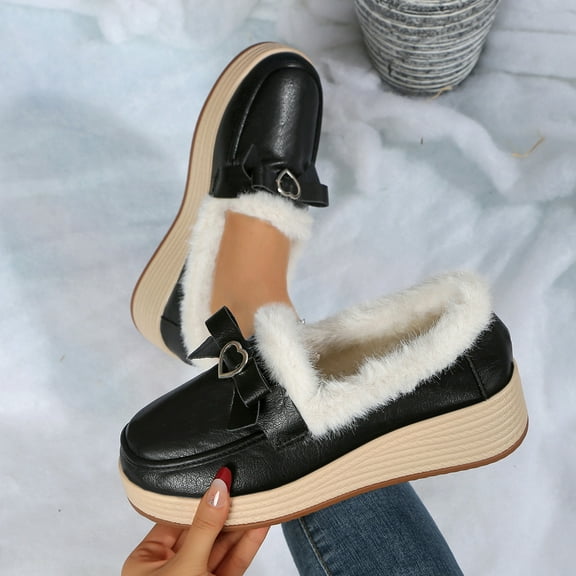 Roncen Women's Casual Loafers - Plush Faux Fur Lined Slip-On Shoes with Chunky Platform Sole, Thermal Comfort for Autumn Winter, Trendy Sweet & Edgy Style Dress Shoes, Wide Width Available