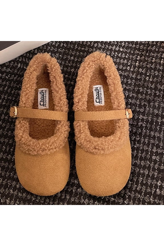 Women's Casual Loafers Winter Warm Faux Fur Lined Slip-On Comfortable Low Heel Flat Shoes with Adjustable Buckle Strap - Stylish Versatile Slip On Breathable Flats for Daily Wear