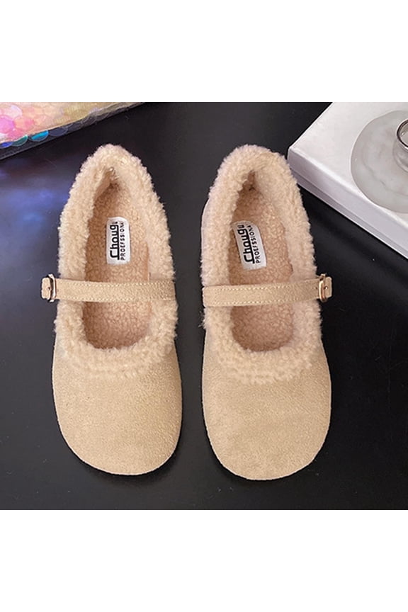 Women's Casual Loafers Winter Warm Faux Fur Lined Slip-On Comfortable Low Heel Flat Shoes with Adjustable Buckle Strap - Stylish Versatile Slip On Breathable Flats for Daily Wear