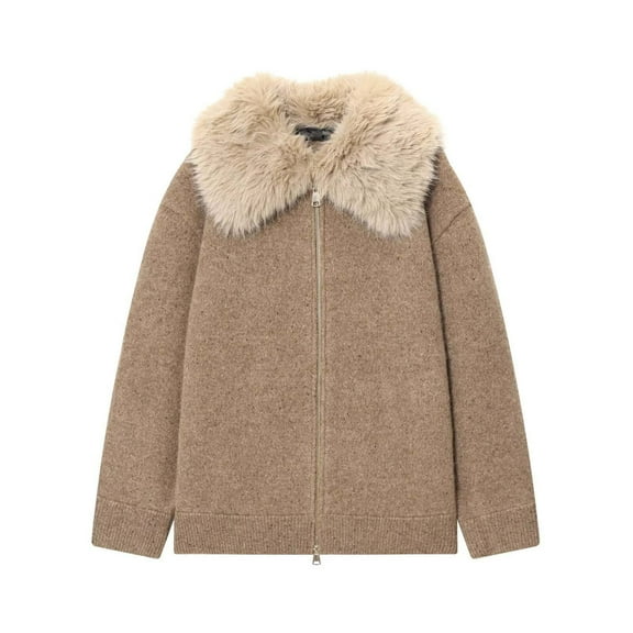 Roncen Women's Casual Long Sleeve Faux Fur Coat - Solid Color Notched Collar Zip Front Outerwear - Stylish Winter Jacket with Relaxed Fit
