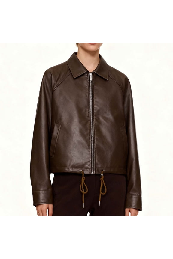 Women's Casual Long Sleeve Leather Fall Jacket - Notched Collar Front Zip Solid Color Coat with Zippered Pockets - Collarless Design Outerwear for Fashionable Look