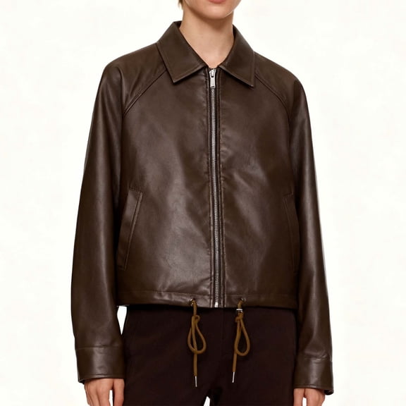 Roncen Women's Casual Long Sleeve Leather Fall Jacket - Notched Collar Front Zip Solid Color Coat with Zippered Pockets - Collarless Design Outerwear for Fashionable Look